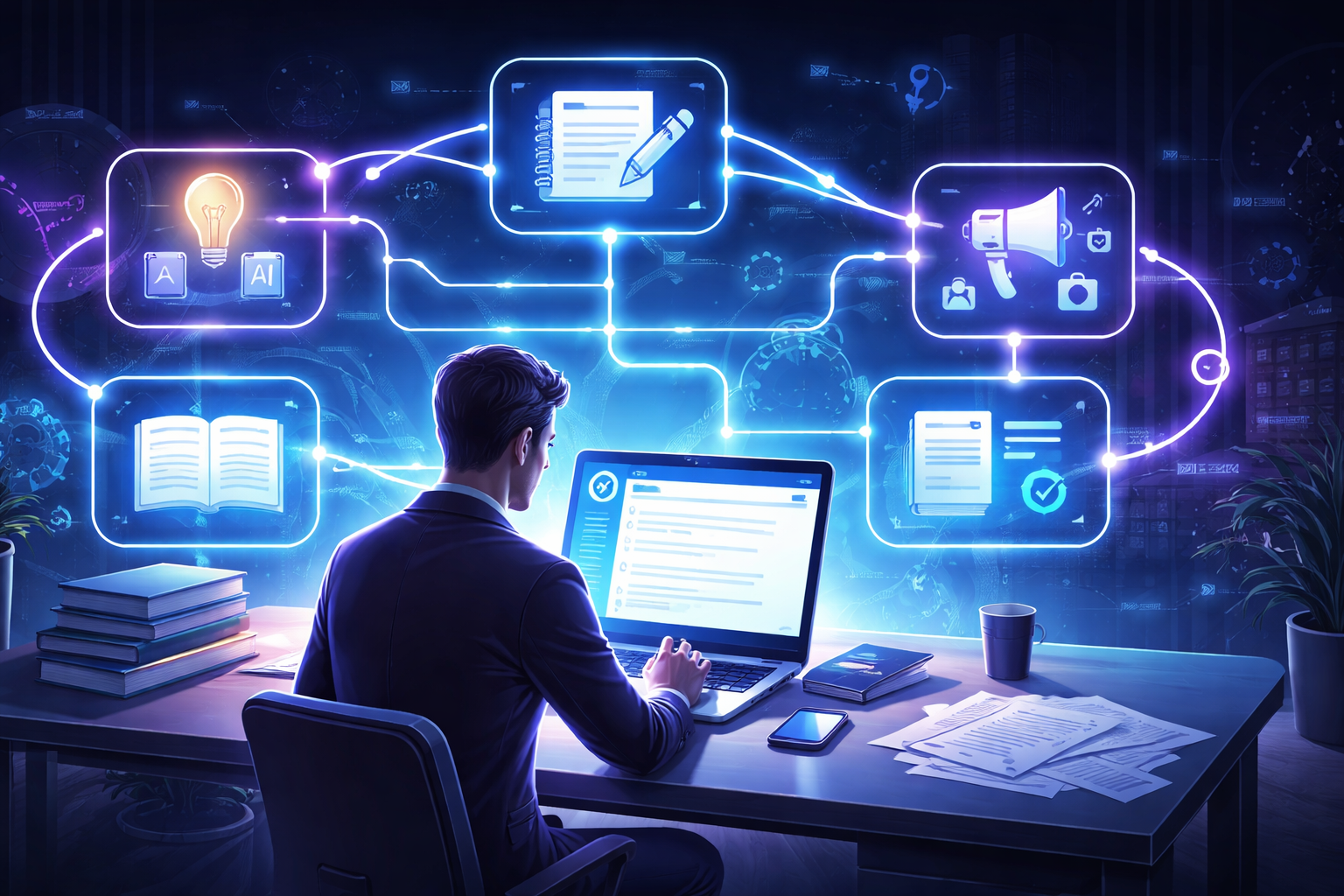 AI automation systems for authors workflow showing writing publishing and marketing automation